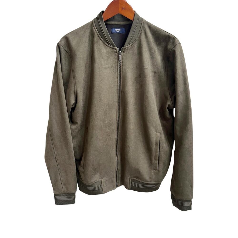 Ascot Men's Faux Suede Bomber Jacket Sz L Relaxed Fit Olive Green Full Zip